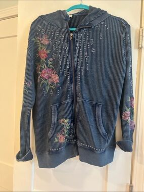 sundance boutique Blue Embroidered Floral Zip Hoodie Jacket